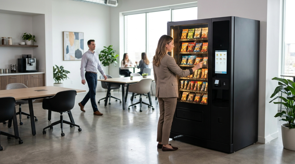 Modern black snack vending machine with a sleek design in a contemporary office break room.
