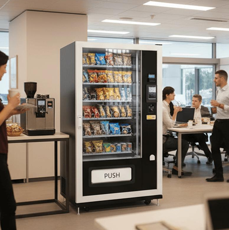 Snack vending machine stocked with premium popular branded snacks