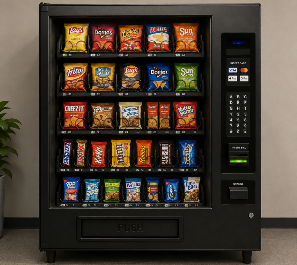 Modern snack vending machine stocked with popular snacks and healthy options in a busy commercial workplace.