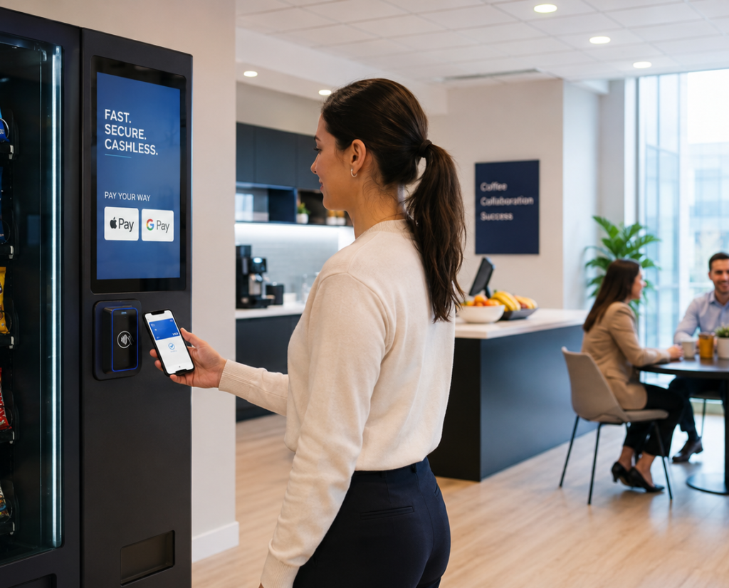 Employee making a contactless payment at a healthy vending machine in a modern workplace.