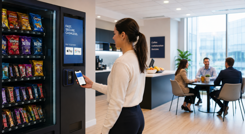 Employee using contactless card to pay at a modern snack vending machine in a workplace.