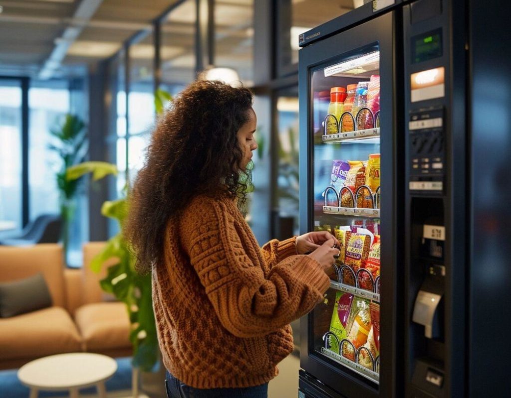 An employee is selecting a snack while the machine displays an organised, colourful range of products