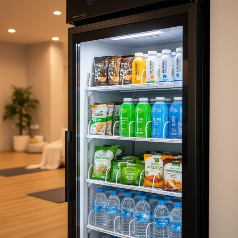 Healthy vending machine stocked with Low sugar drinks and water in a modern workplace.