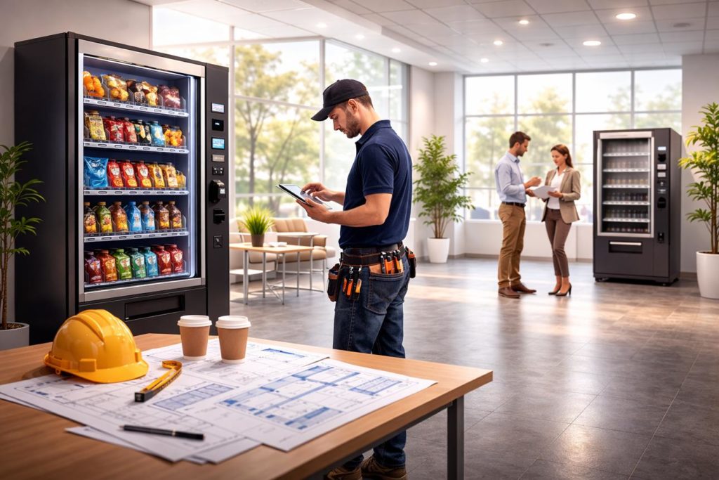 Vending service technician updating a workplace vending machine with customised snacks and drinks.