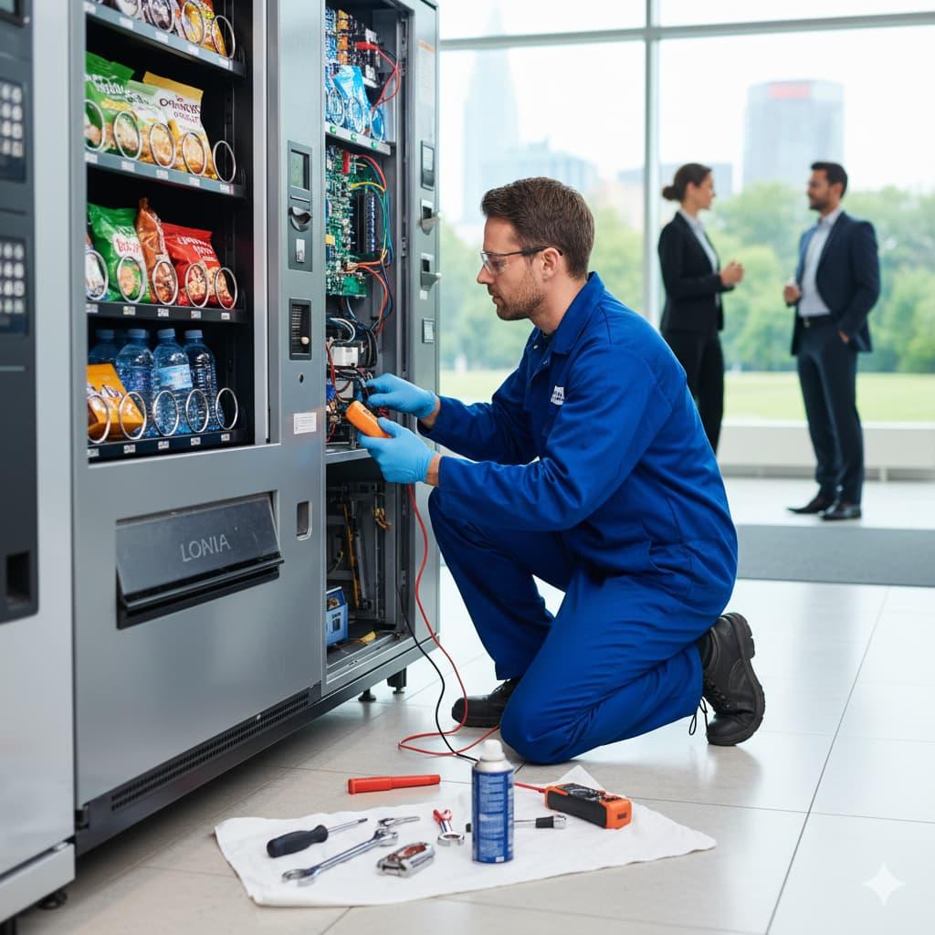 Vending service technician repairing and maintaining a modern vending machine in a commercial workplace.