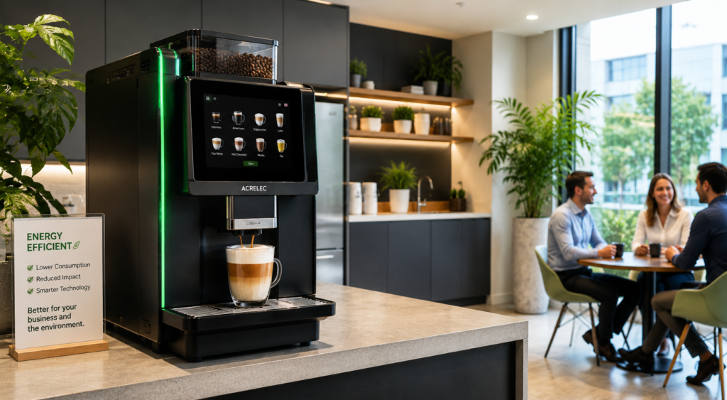 Energy-efficient bean-to-cup coffee machine with LED display in a modern office break room.