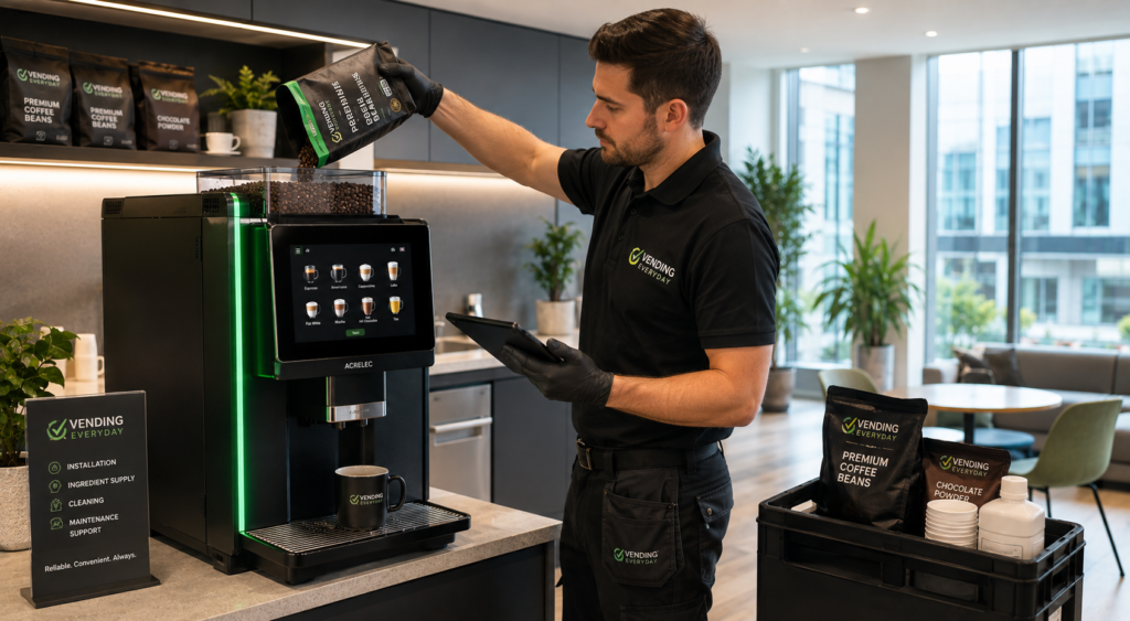 Vending service technician maintaining and refilling a bean-to-cup coffee machine in a modern workplace.