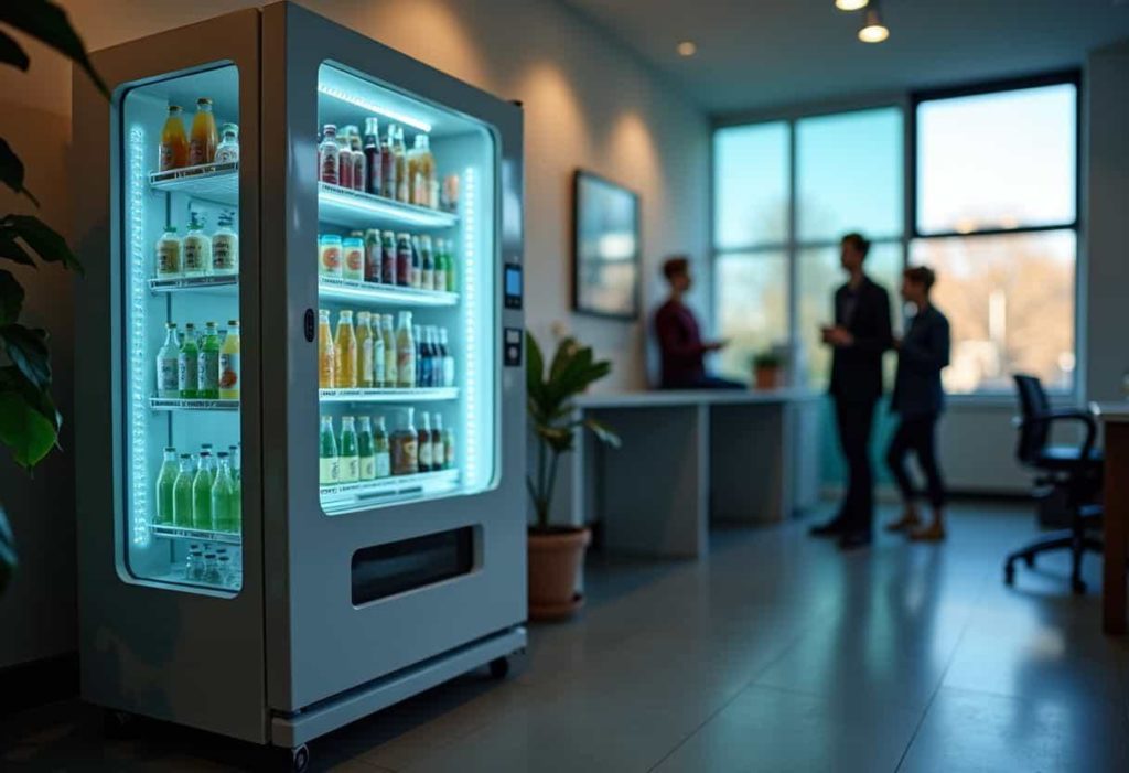 Modern drinks vending machine keeping bottled drinks chilled in a professional workplace.