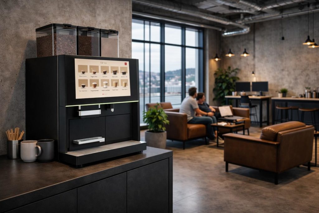 Professional bean-to-cup coffee machine serving fresh coffee in a modern office break room.